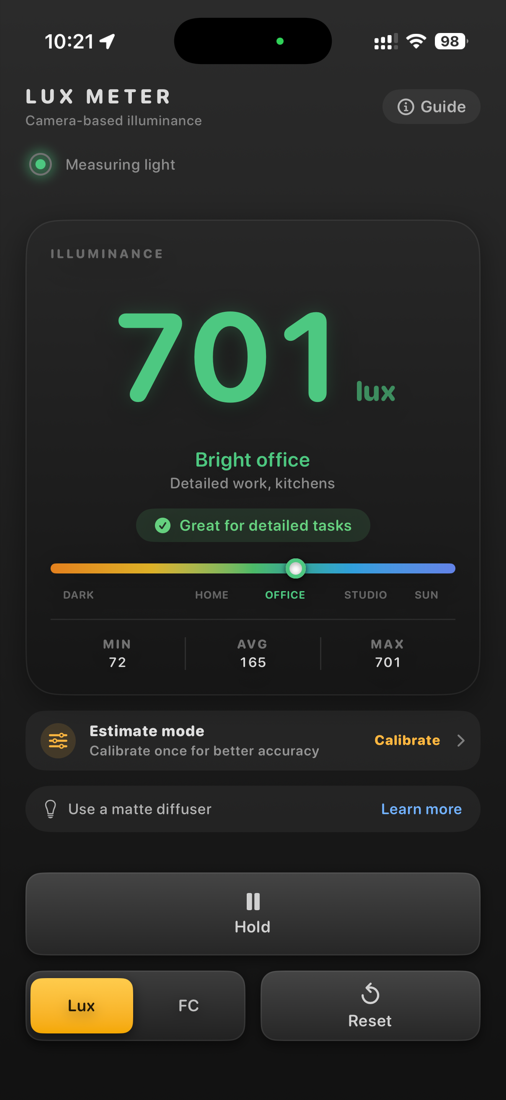 LUX Meter showing a bright office reading of 701 lux